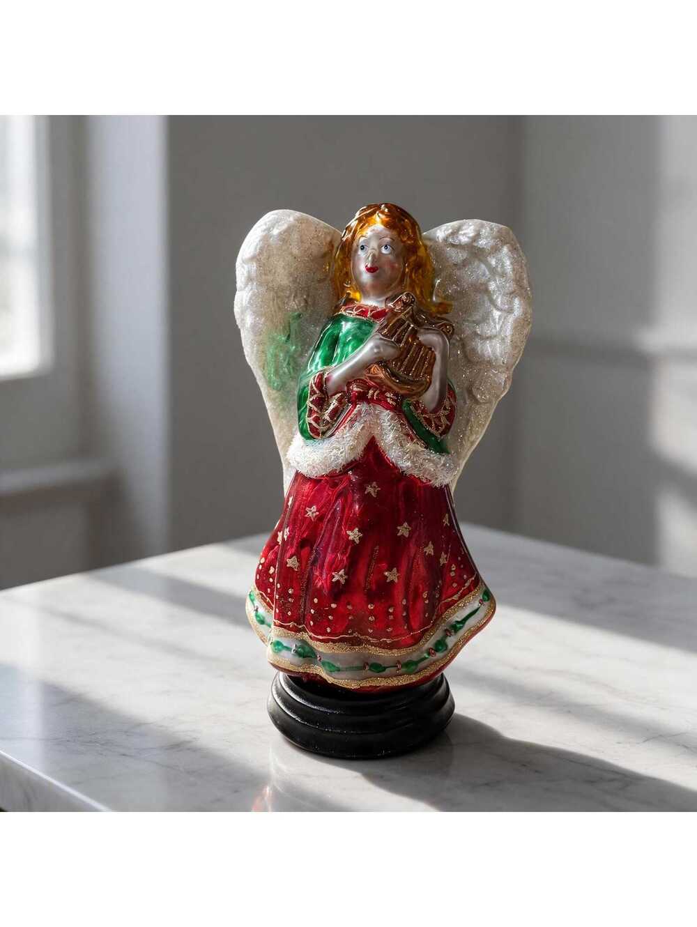 Vintage 15 Inch Blown Glass Angel Statue Red Lyre Harp Centerpiece Base